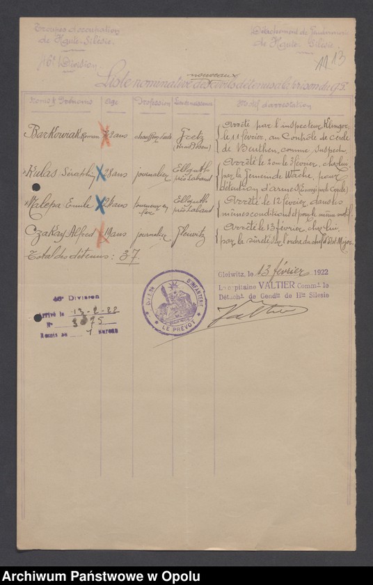 image.from.unit.number "Arrestation /Korespondencja dotycząca stanu wyjątkowego na Górnym Śląsku - aresztowania, listy imienne więźniów/ 2.02.-10.03.1922"