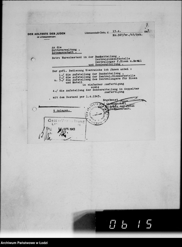 Obraz 12 z jednostki "Monatliche Warenbestandsmeldungen der Bankabteilung des Judenältesten"