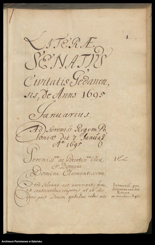 image.from.unit.number "Literae Senatus Civitatis Gedanensis de A. 1695. Literae Senatus Civitatis Gedanensis de A. 1696. Index literarum [adresatów]; w osobnym poszycie: Register der in den Missiven von 1695 u. 1696 enthaltenen vornehmsten Materien"