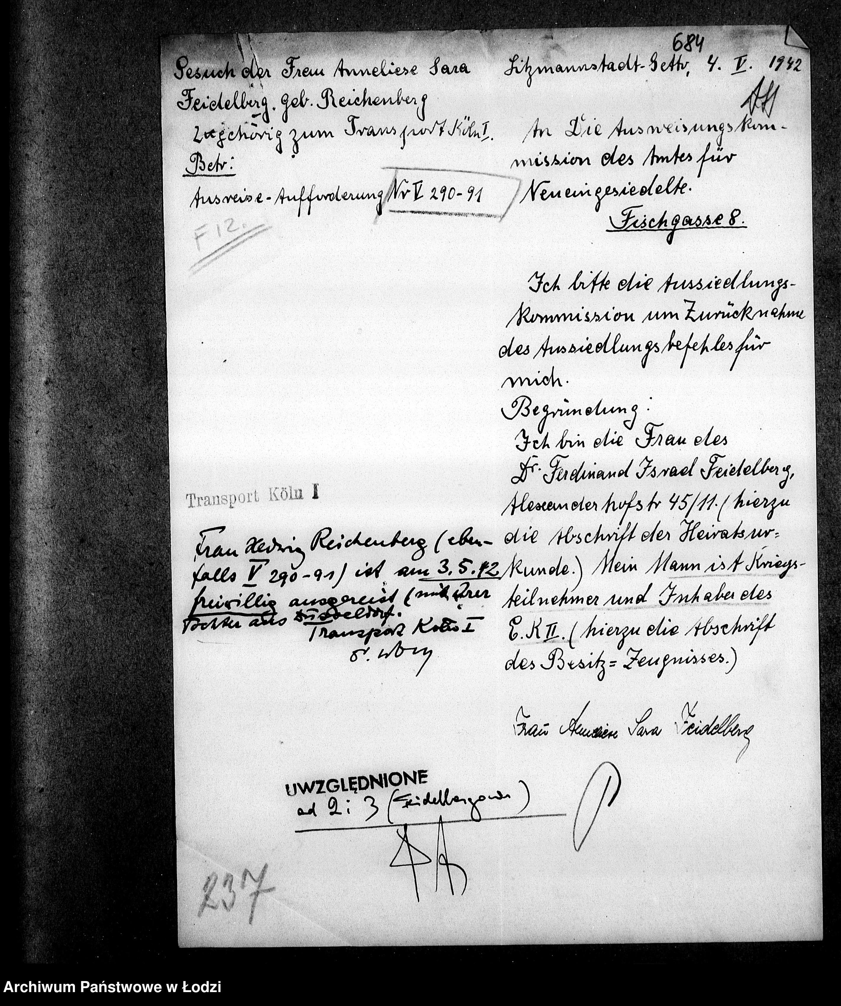 Skan z jednostki: [Podania Żydów zagranicznych o zwolnienie z wysiedlenia lub o odroczenie terminu, załatwione pozytywnie]