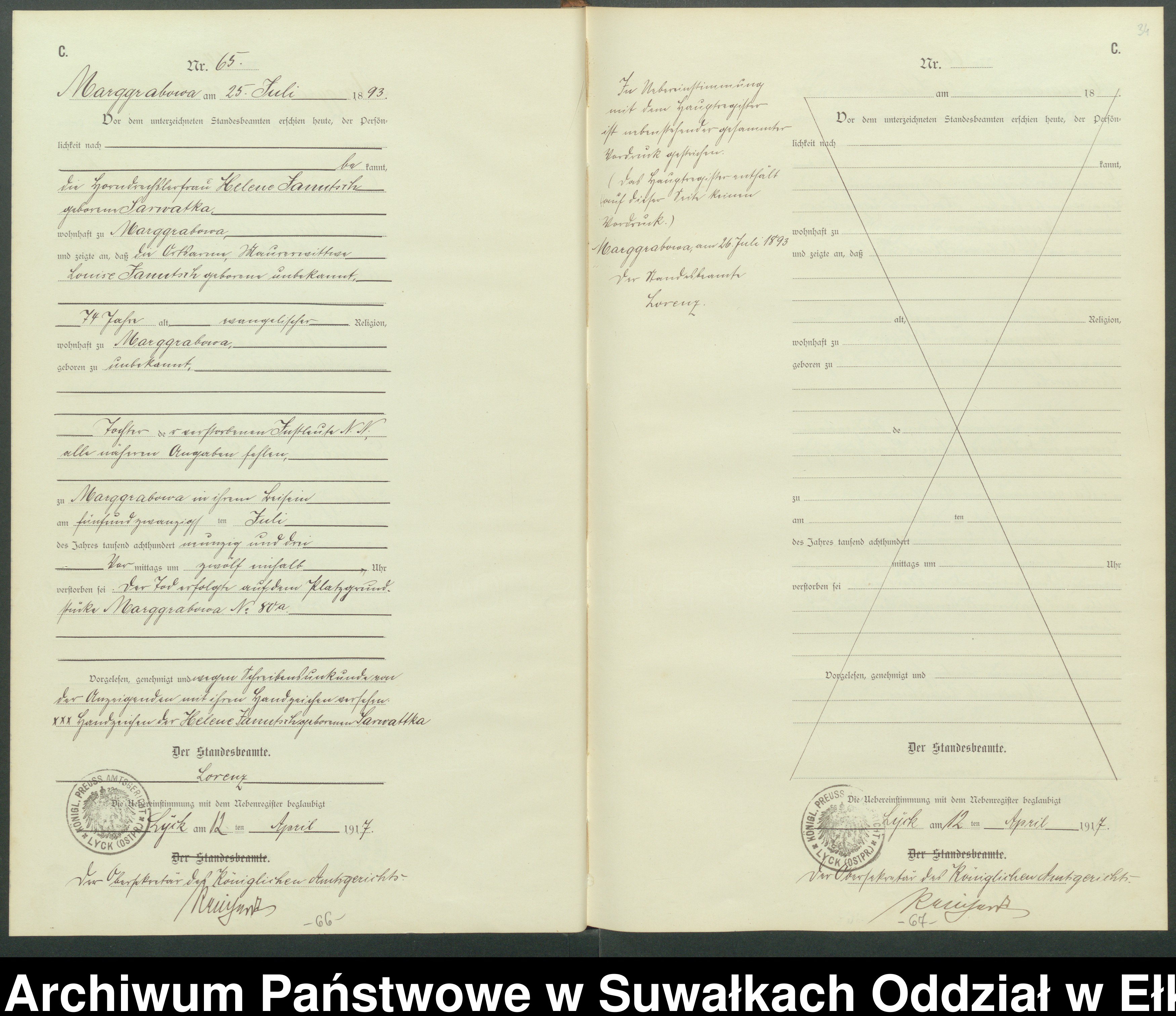Skan z jednostki: C1.Sterbe-Register [Haupt-Register] Standesamt Stadtgemeinde Marggrabowa Kreis Oletzko No.1 bis.116