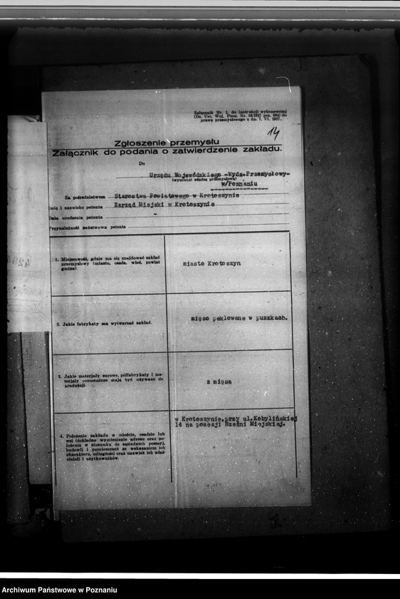 Obraz 19 z jednostki "Zatwierdzenie zakładu przemysłowego /Rzeźnia Miejska/ w Krotoszynie"