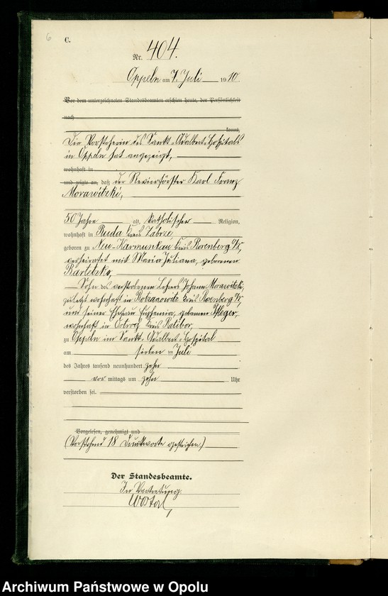 Obraz 9 z jednostki "Urząd stanu Cywilnego w Opolu 1910 Rejestr Zgonów Księga Miejscowa Nr 400 do 769"