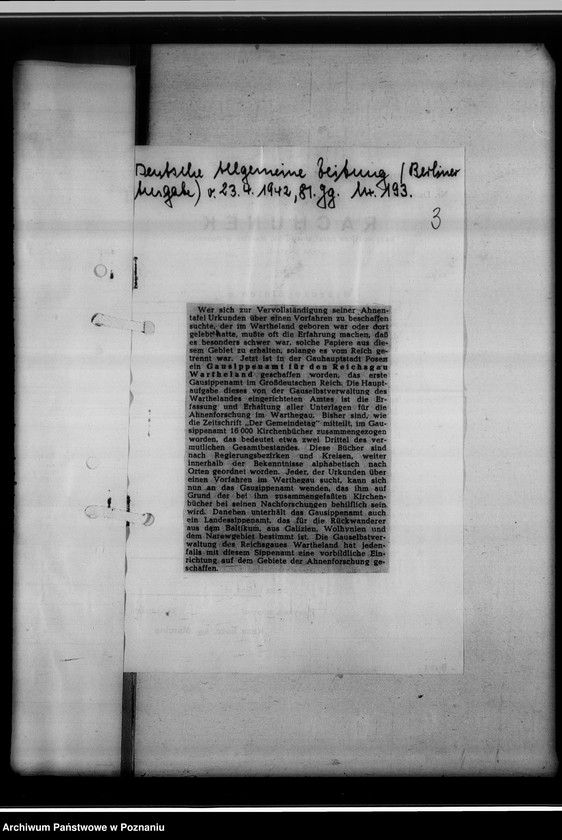 Obraz 7 z jednostki "Pressenotizen über das GSA [Korespondencja i wycinki prasowe o działalności, zadaniach i celach Gausippenamt w Poznaniu]"