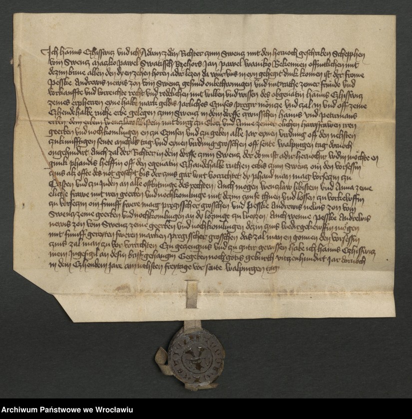 image.from.unit.number "Ławnicy wsi Święcko (Swencz) poświadczają sprzedaż 1/2 grzywny rocznego czynszu monety praskiej przez Passke, syna Andrzeja Newis z 9 1/2"