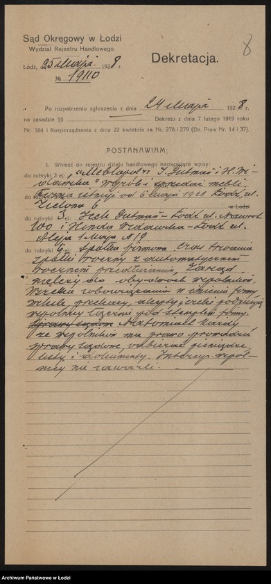 Obraz 10 z jednostki "„Meblopol” wł. Icek Gutman, Hinda Widawska – wyrób i sprzedaż mebli"