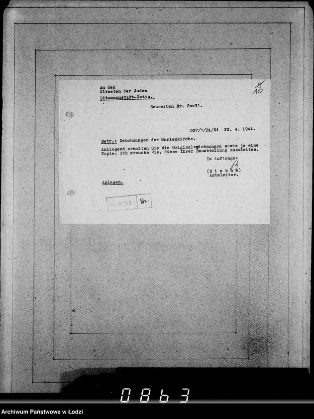 Obraz 14 z jednostki "Juden-Schreiben [Pisma skierowane do Przełożonego Starszeństwa Żydów w Getcie Łódzkim]. Nr.10569-20040"
