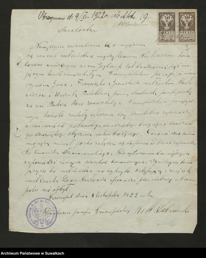 image.from.unit.number "Dokumenty Zaślubionych Smolańskiej parafii z 1922-1923 r."