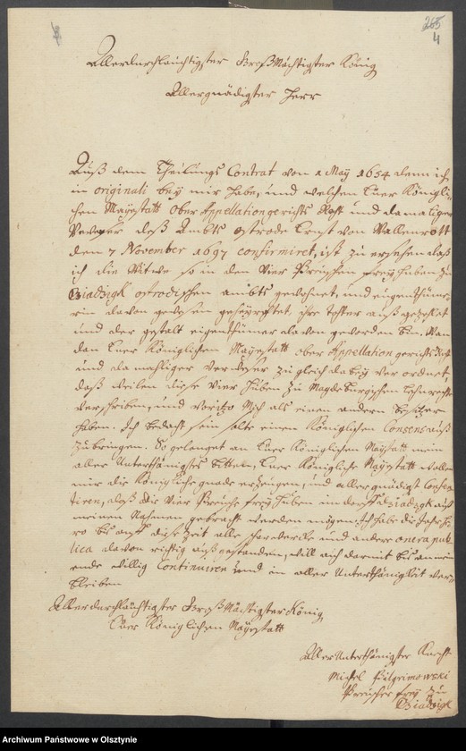 image.from.unit.number "Dziadick [Dziadyk] H. [Haupt] A. [Amt] Osterode [Ostróda]. Acta den Consens, daß die 4 Preussischen Freihufen im Dorfe Dziadick [Dziadyk] auf den Namene des Mich. [Michael] Pilgrimowski gebracht werden mögen"