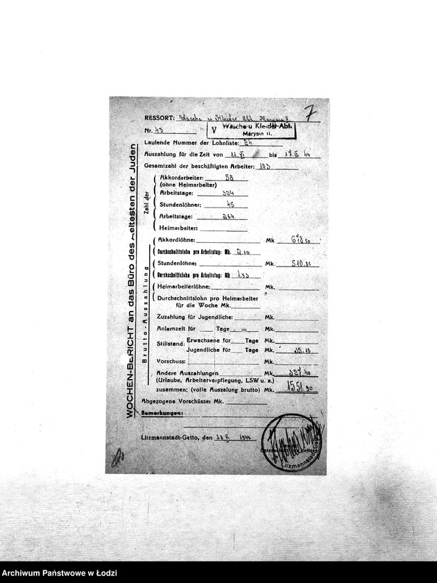 Obraz 10 z jednostki "[Tygodniowe sprawozdania resortów pracy: liczba pracowników, czas pracy, wysokość płacy]"