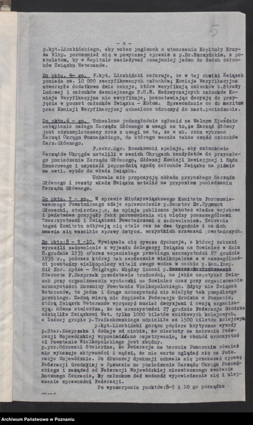 Obraz 9 z jednostki "Odpisy protokołów z posiedzeń Zarządu Głównego Związku Weteranów Powstań Narodowych i Związku Powstańców Wielkopolskich."