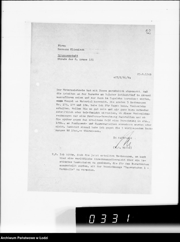 Obraz 16 z jednostki "Fa.Kliemisch.Werkhalle & Baluter-Schlahthof [rachunki za dostawy towarów dla Getta]"