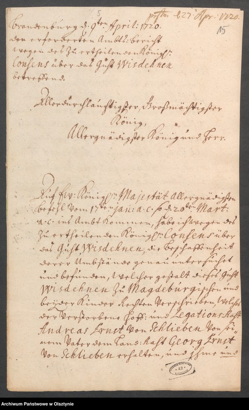 image.from.unit.number "Wisdehnen, H.[Haupt] A. [Amt] Brandenburg [Pokarmin]. Acta die Confirmaion des Kaufkontrakts zwischen dem Hof=und Legationsrath Andreas Ernst v. [von] Schlieben und dem Könighöfischen Stadtrath Bernh. [ Bernhard] Albrecht"