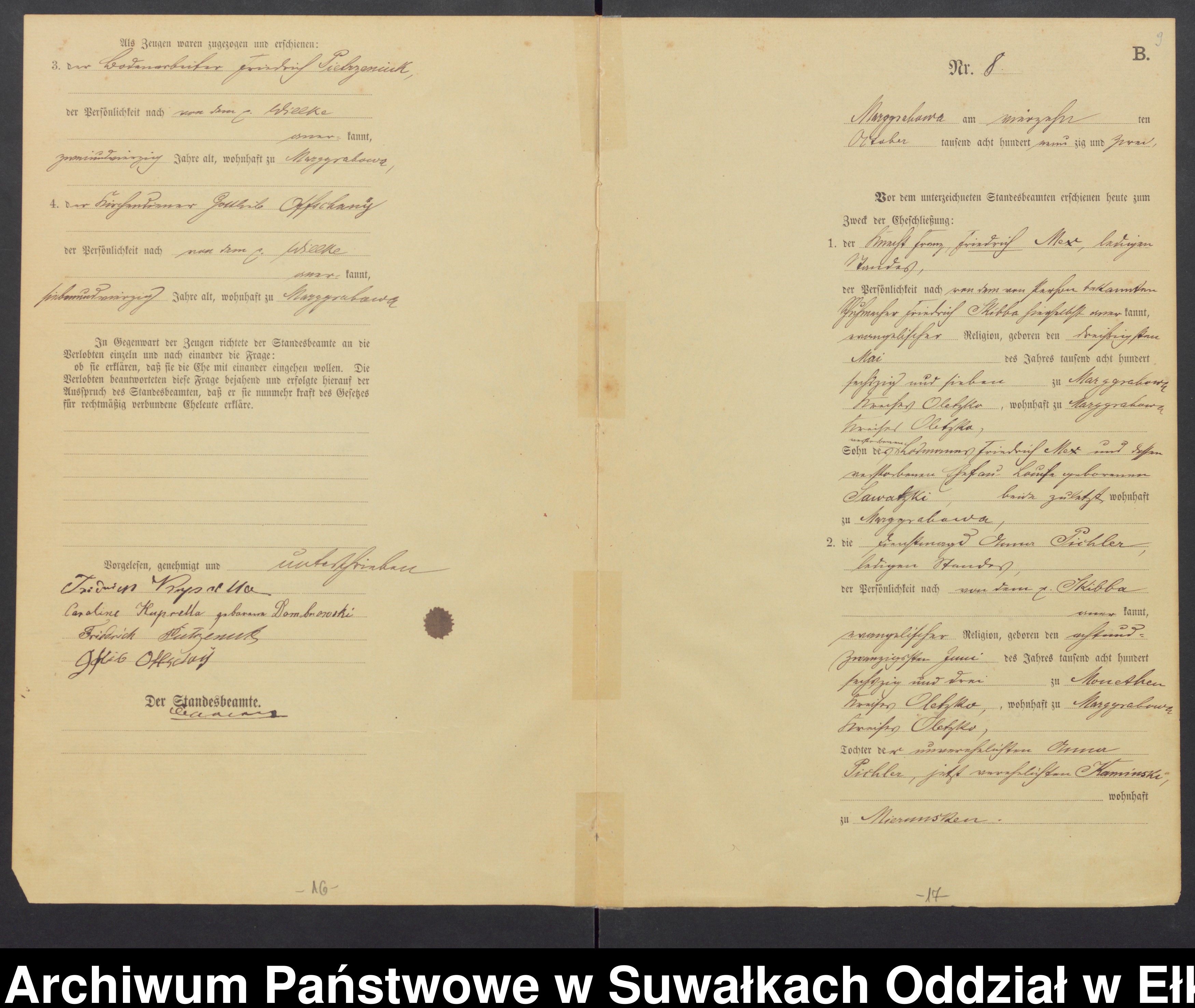 Skan z jednostki: Heiraths-Haupt-Register des Königlichen Preussischen Standes-Amtes Stadtgemeinde Marggrabowa Kreis Oletzko