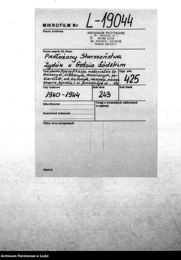 Obraz 2 z jednostki "[Specyfikacje materiałów technicznych, skórzanych, chemicznych, farbiarskich; artykułów biurowych, narzędzi, maszyn, tkanin, żywności i innych posiadanych na składzie Wydziału Specjalnego]"