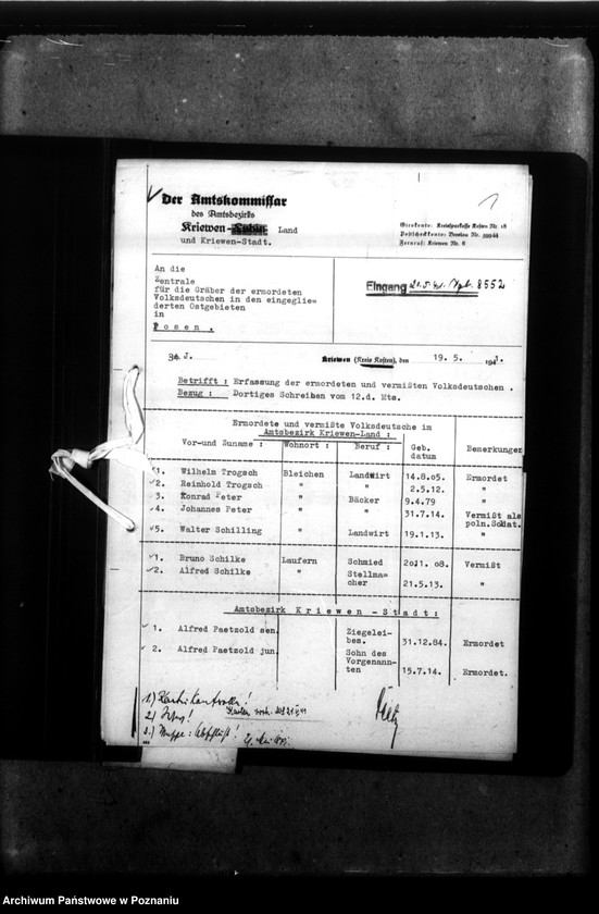 Obraz 5 z jednostki "Kreis Kosten (Kościan). Zgłoszenia zmarłych i zaginionych miejscowych Niemców w 1939 roku"