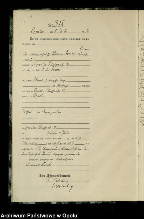 Obraz 7 z jednostki "Urząd Stanu Cywilnego w Opolu 1898 Rejestr zgonów Księga Miejscowa Nr 315 do 632"