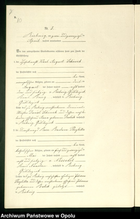 Obraz 13 z jednostki "Heiraths-Neben-Register Standes-Amt Riebnig 1900"