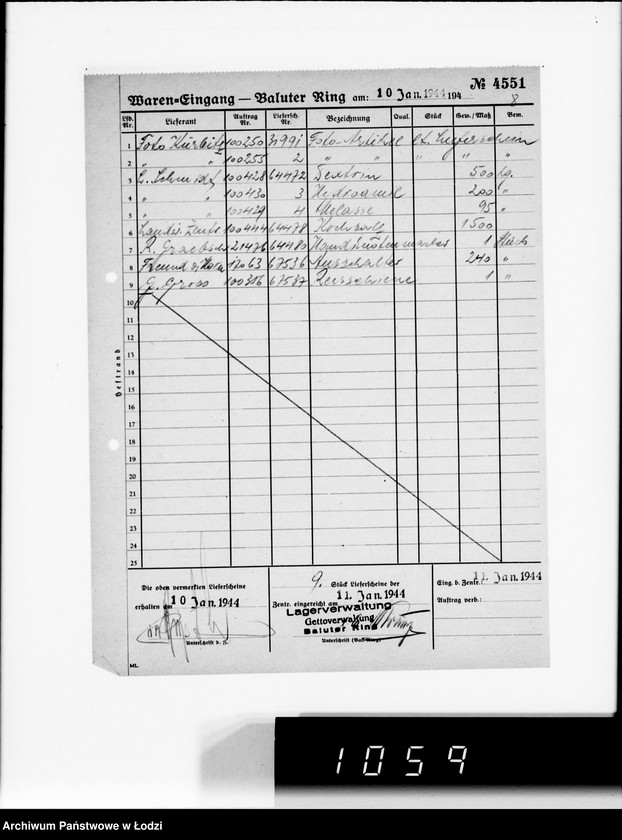 Obraz 12 z jednostki "Waren-Eingang. Baluter Ring [Dzienne zestawienia faktur na towary dostarczane do składów Getta na Bałuckim Rynku]"