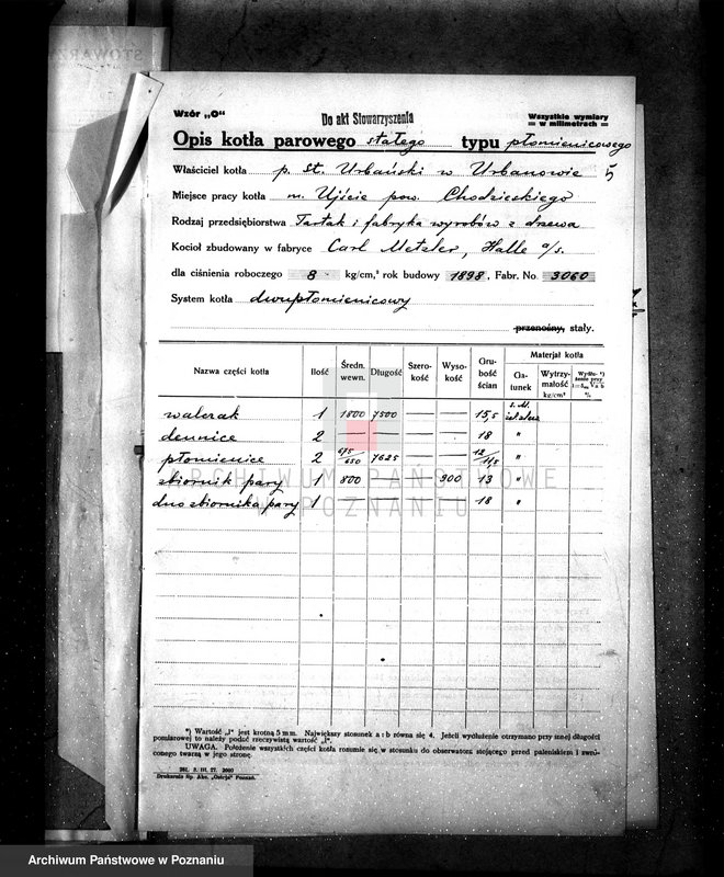 Obraz 9 z jednostki "Tartak i fabryka wyrobów z drzewa St. Urbański Urbanowo pow chodzieski nadzór nad kotłem parowym nr fabr. 3060"