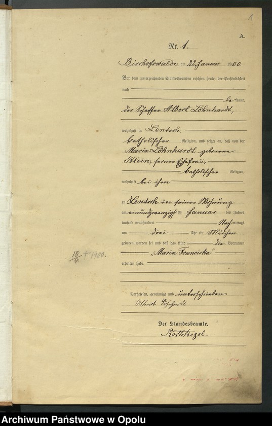 Obraz 5 z jednostki "Geburts-Haupt-Register des Standsamts Bischofswalde pro 1900"