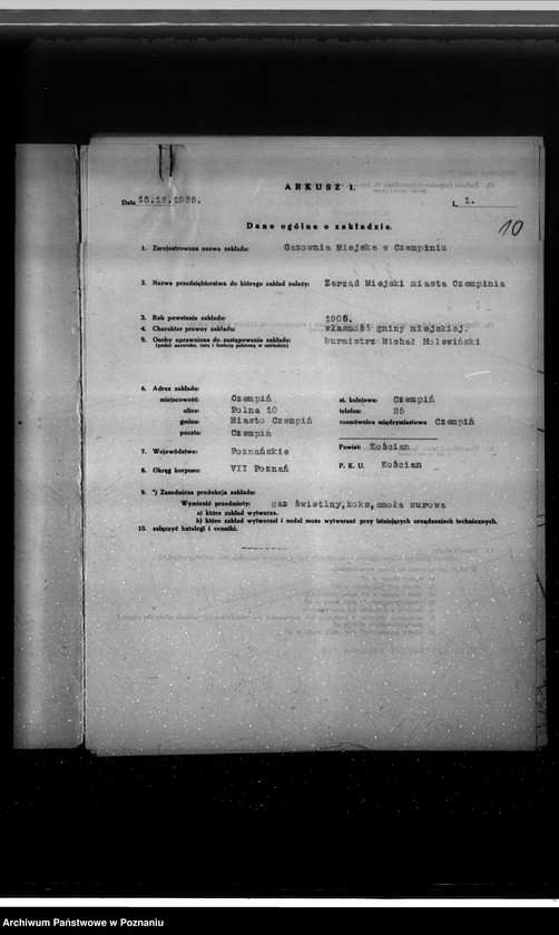 Obraz 14 z jednostki "Kwestionariusz Gazowni miejskiej w Czempiniu"