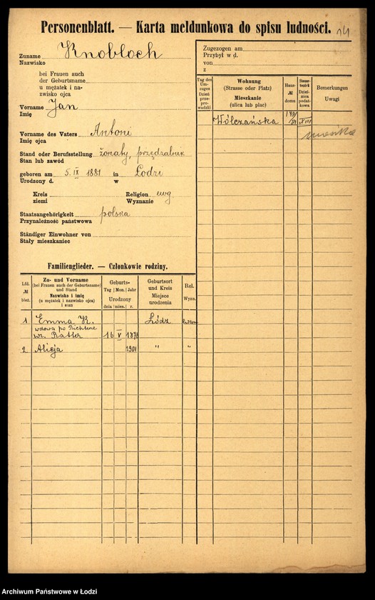 Obraz 16 z jednostki "[Spis ludności Łodzi] Knobloch - Kobyłecki"