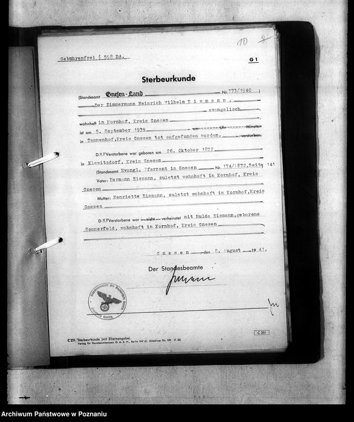Obraz 14 z jednostki "Kreis Gnesen (Gniezno). Wykazy miejscowych Niemców, którzy zginęli w 1939 roku"