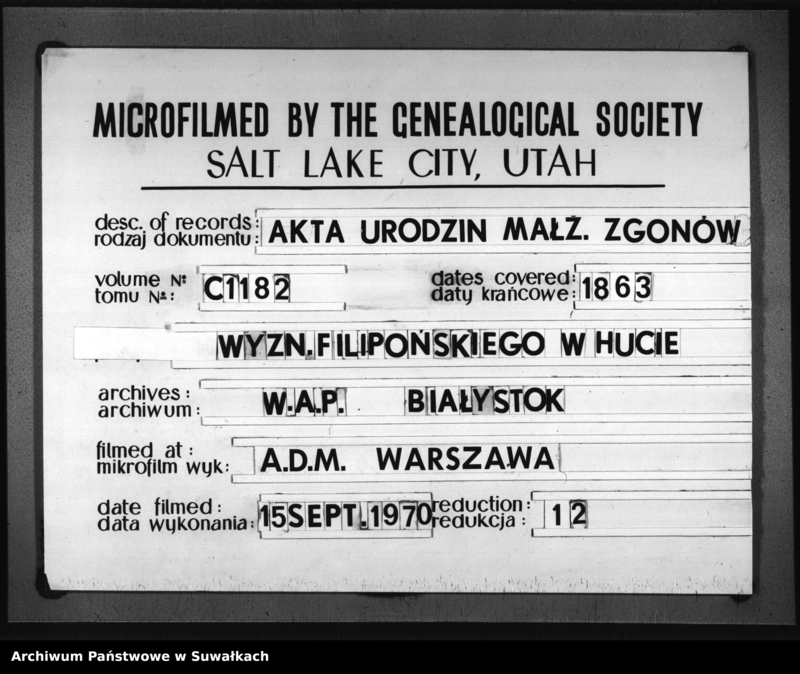 Obraz 18 z jednostki "Duplikat Aktów Urzędnika Stanu Cywilnego Sekty Filipońskiej Okręgu Hutta Urodzonych, Zaślubionych i Zmarłych na rok 1863"