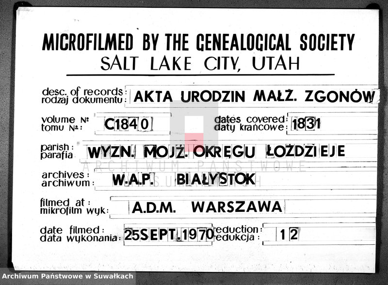 Obraz 1 z jednostki "Duplikat Urzędnika Stanu Cywilnego Parafii Żydowskich z Lejpun, Wejsiej i Łoździej Okręgu Łoździejskiego Urodzonych, Zaślubionych i Umarłych z roku 1831"