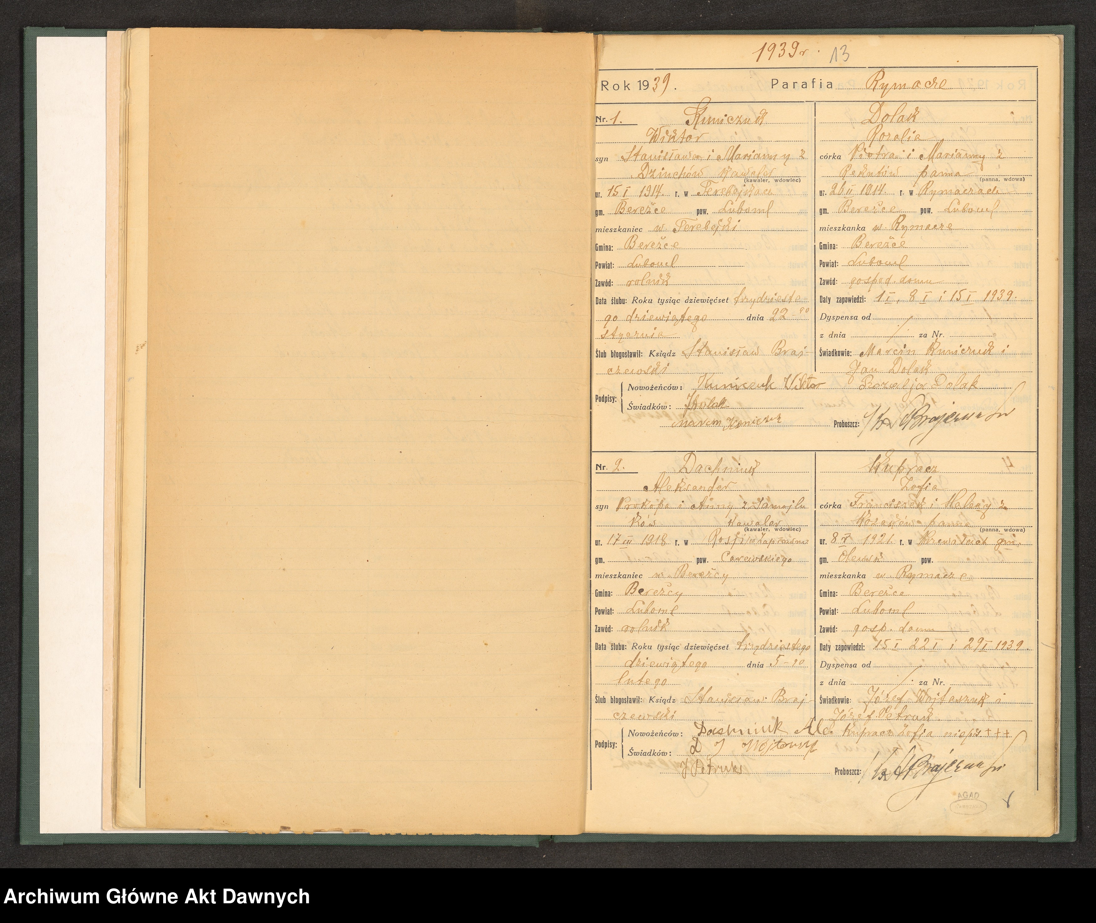 Skan z jednostki: Parafia: Rymacze. Dekanat: Luboml. Księga metrykalna ślubów