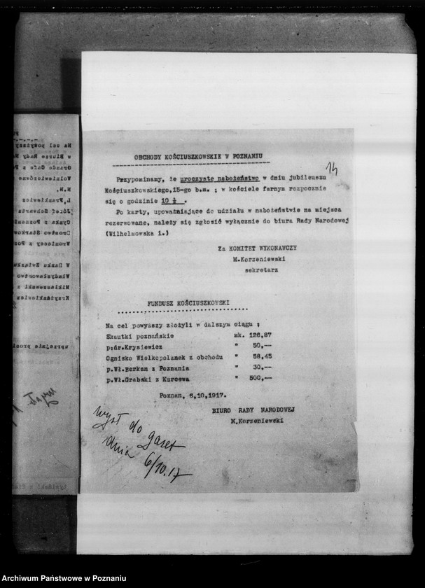 Obraz 17 z jednostki "Potwierdzenie otrzymanych składek pieniężnych na fundusz Kościuszkowski i inne komunikaty związane z funduszem [Wycinki prasowe]"