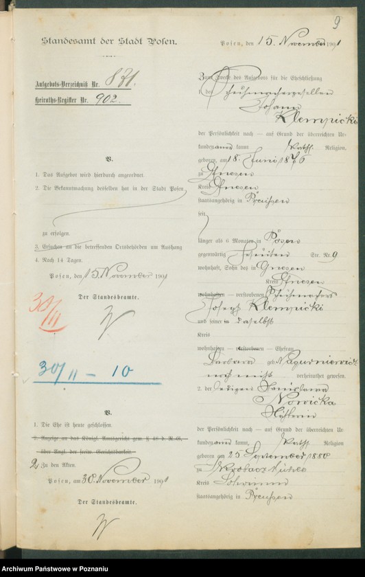 Obraz 11 z jednostki "[Dokumenty dostarczone przez narzeczonych do zawarcia związku małżeńskiego za 1901 rok. Tom XIX]"