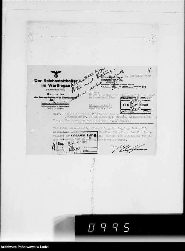 Obraz 7 z jednostki "H.T.O. [Korespondencja z Haupttreuhandstelle Ost w sprawach finansowych oraz majątku żydowskiego]"