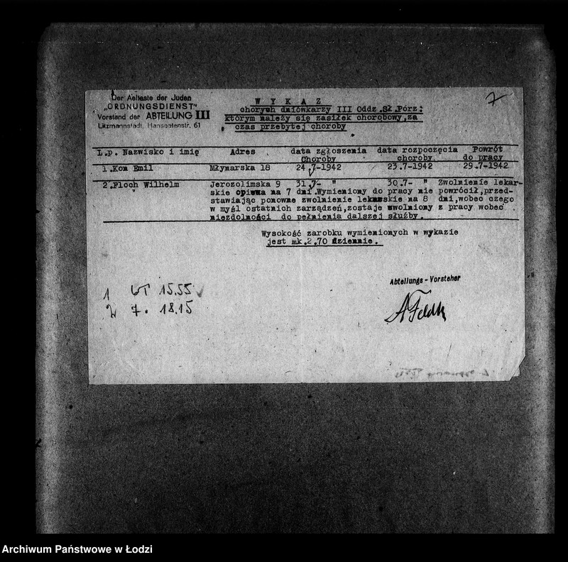 Obraz 10 z jednostki "I Ordnungsdienst [Zasiłki chorobowe dla pracowników wydziału, listy pracowników, zaświadczenia lekarskie]"