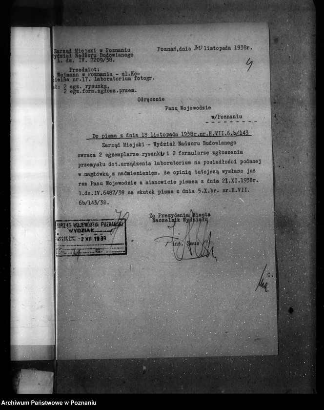 Obraz 8 z jednostki "Zatwierdzenie projektu zakładu przemysłowego /laboratorium do obróbki filmów acetylocelulozowych/ M. Wejman Poznań ul. Kościelna 17"