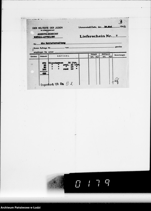 Obraz 7 z jednostki "Metall-Abteilung. [Świadectwa dostaw z Getta]"