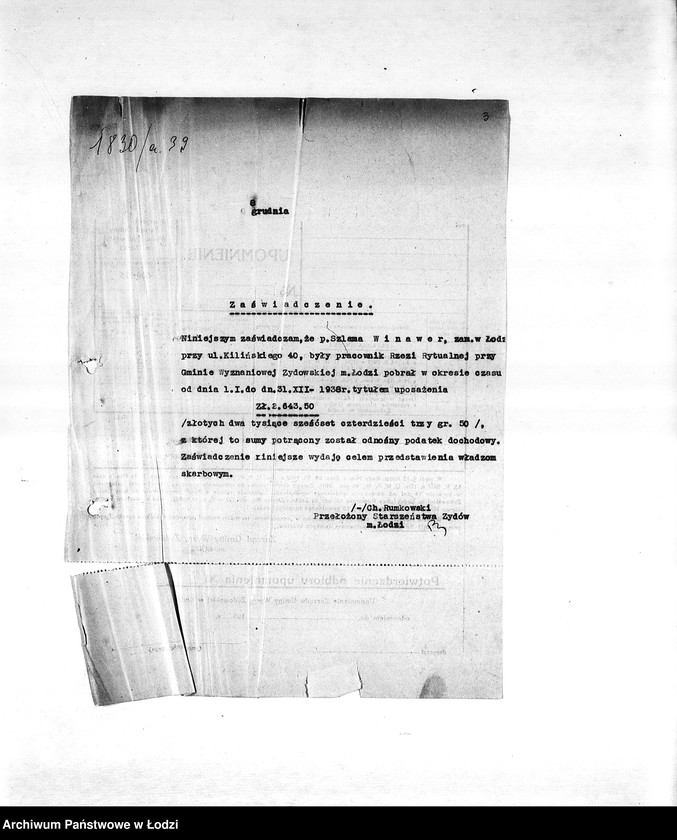 Obraz 6 z jednostki "Sprawy zaświadczeń [m.in. o zatrudnieniu mieszkańców getta, wysokości poborów, miejscu zamieszkania, sytuacji materialnej, wsparciach pieniężnych]"