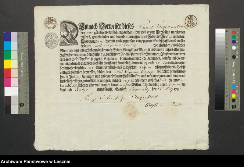 image.from.unit "Świadectwo urodzenia wystawione przez Magistrat Pogorzeli Pawłowi Siegemuntowiczowi"