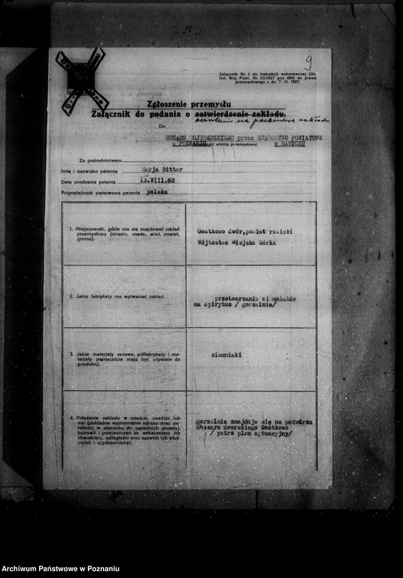 image.from.unit.number "Zatwierdzenie zakładu przemysłowego /gorzelni/ w maj. Gostkowo własność W. Bitter"
