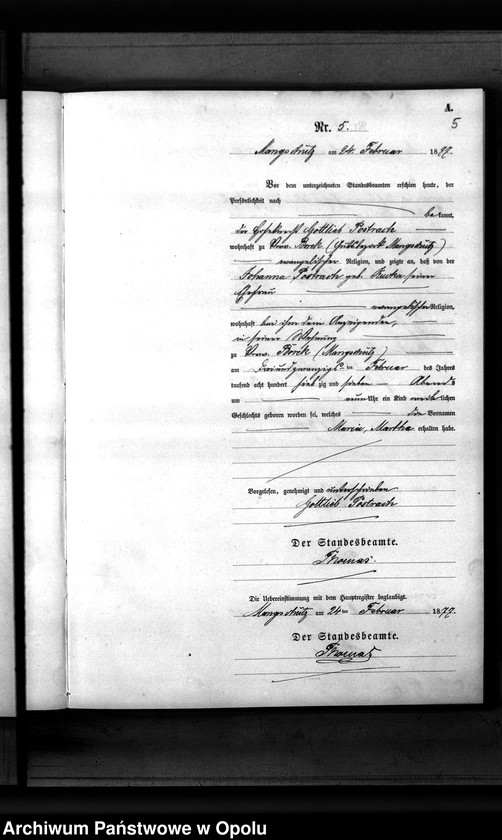 image.from.unit.number "Geburts-Neben-Register des Standesamts Mangschütz Kr.[eis] Brieg pro 1877"
