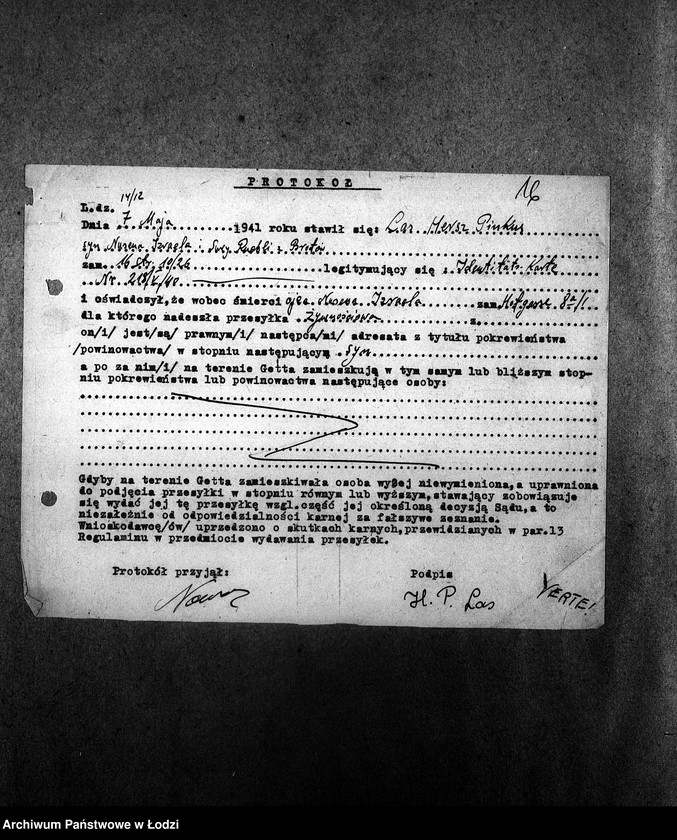 Obraz 19 z jednostki "[Protokoły stwierdzające wydanie przesyłek nadesłanych dla mieszkańców getta]"