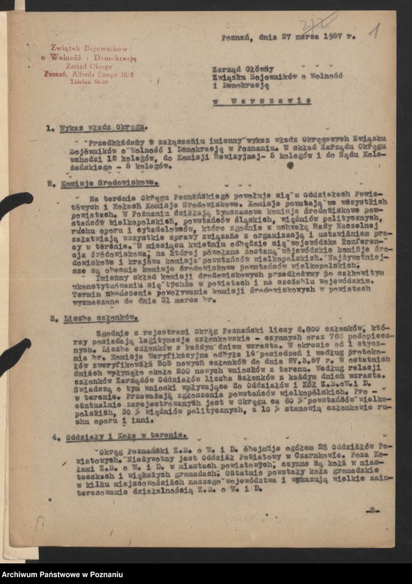 Obraz 9 z jednostki "Informacje o strukturze organizacyjnej i działalności Zarządu Okręgu Związku Bojowników o Wolność i Demokrację w Poznaniu."