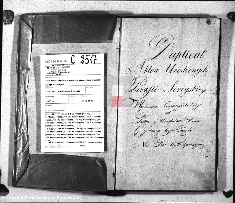 image.from.unit.number "Księga Duplicat Aktów Urodzonych, Zeszłych i Zaślubionych Proboszcza i Urzędnika Stanu Cywilnego Parafii Ewangelickiey Sereyskiey na Rok 1830 Sporządzona"