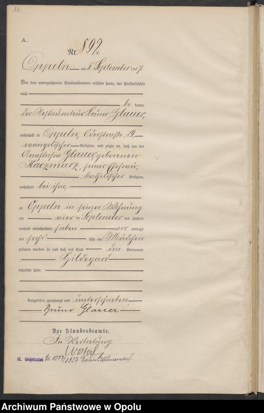 image.from.unit.number "Urząd Stanu Cywilnego w Opolu 1907 Rejestr Urodzeń miejscowa Nr 878 do 1277"