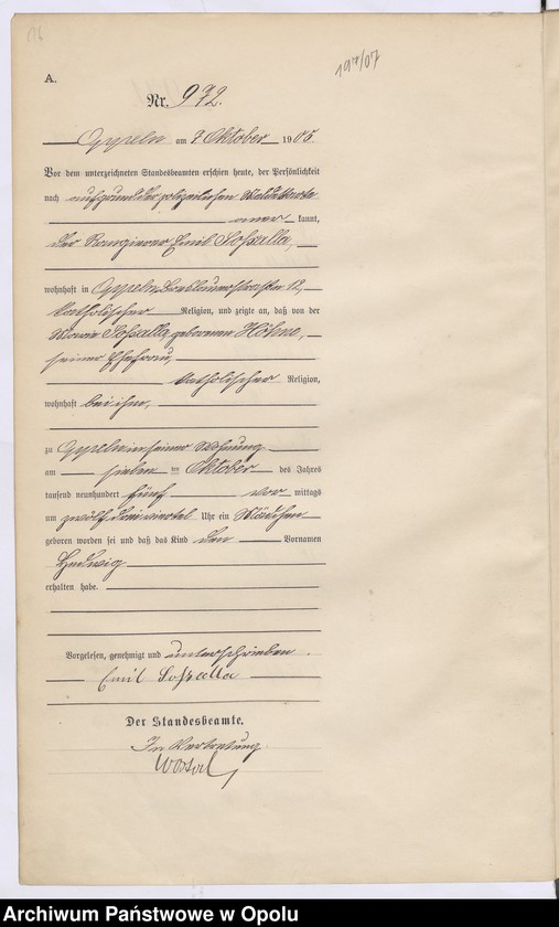 Obraz 20 z jednostki "Urząd Stanu Cywilnego w Opolu 1905 Rejestr Urodzeń miejscowa Nr 958 do 1287"