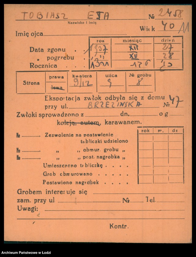 Obraz 12 z jednostki "Kartoteka osób pochowanych na cmentarzu żydowskim przy ulicy Brackiej w latach 1892-1957. Nazwiska na litery: To-Ty"