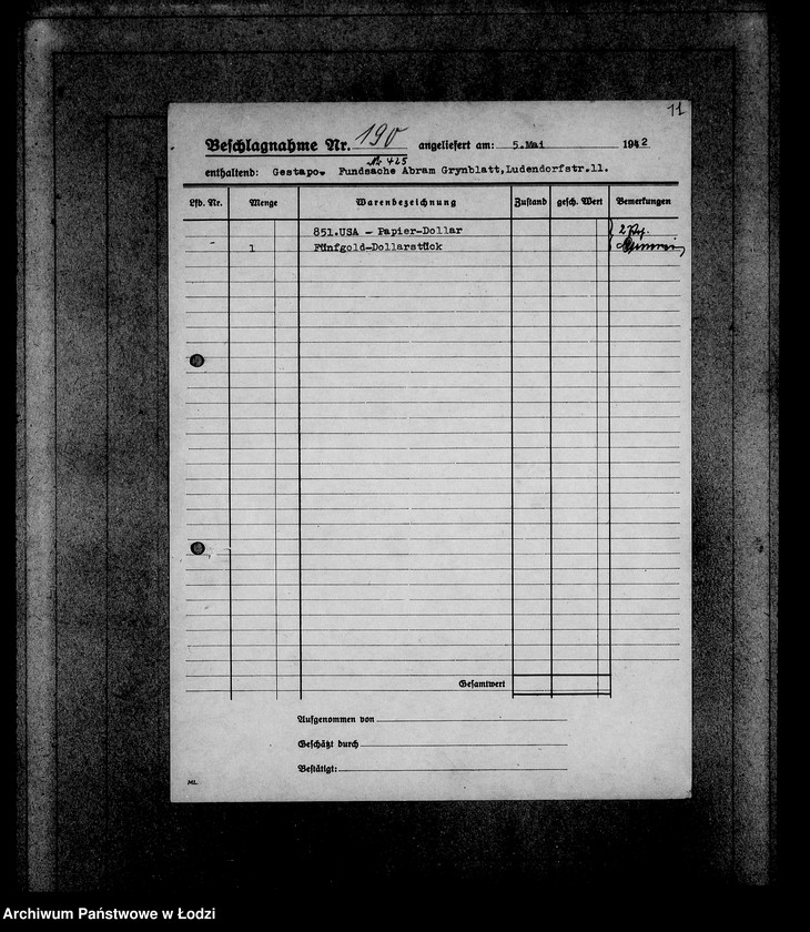 Obraz 15 z jednostki "Gestapo 1-200 [Kartoteka skonfiskowanego majątku ruchomego u Żydów]"