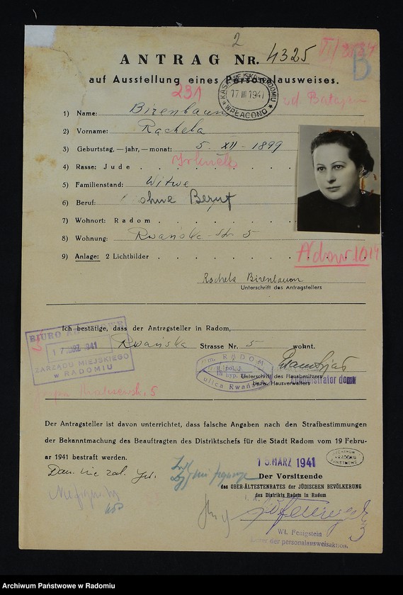 image.from.unit.number "[Wnioski o wydanie dowodów osobistych oraz nie odebrane dowody Birenbaum Rachela - Blass]"