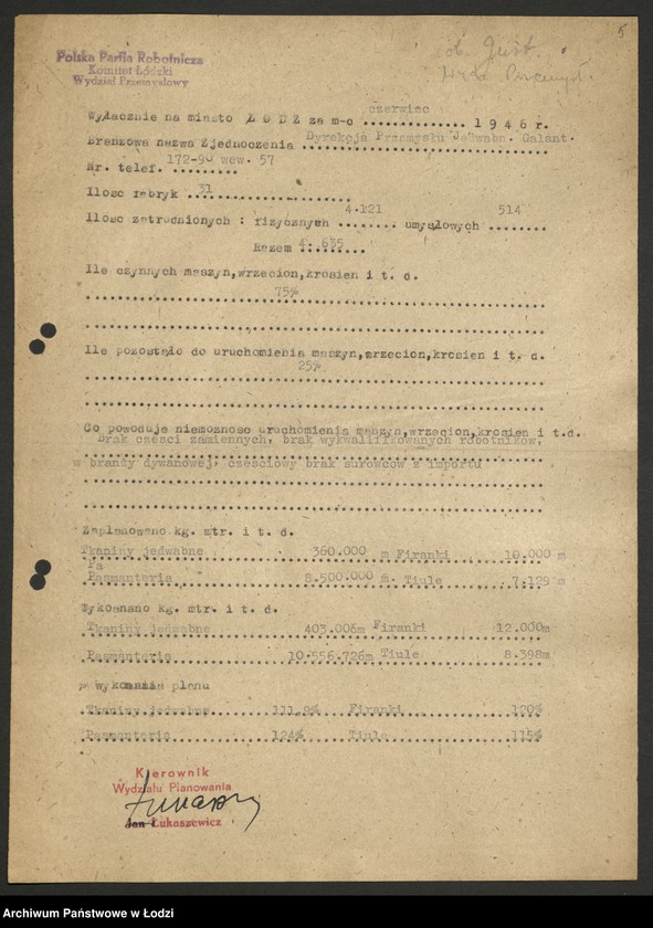 Obraz 6 z jednostki "Dyrekcja Przemysłu Jedwabniczo - Galanteryjnego; protokół z narady Dyrekcji, sprawozdania okresowe, raporty dzienne o wykonaniu planu produkcji"